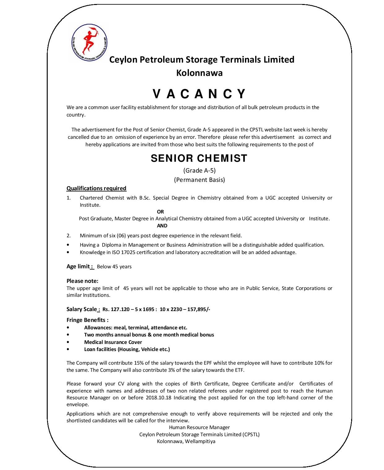 Senior Chemist - Ceylon Petroleum Storage Terminals Limited